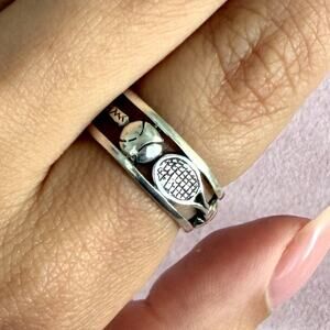 sterling silver tennis ball & racket band ring size 6.75